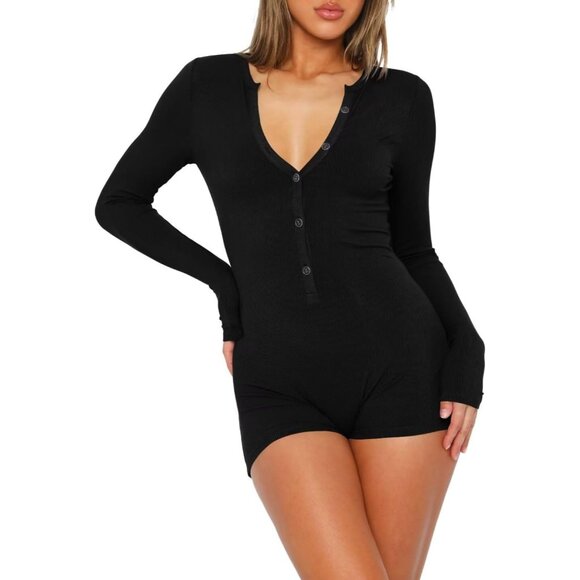 Women's Black One Piece Button Down Jumpsuit V Neck Romper Long Sleeve Bodysuit - Picture 2 of 5